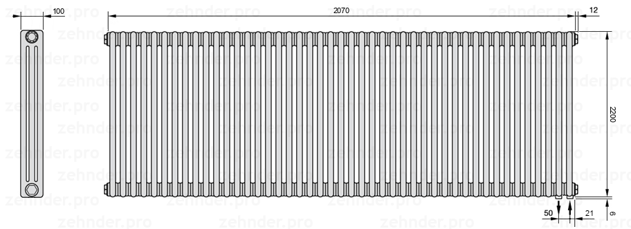 Схема (чертеж) Радиатор Zehnder Charleston 3220/45 №5510 Белый глянцевый RAL 9016